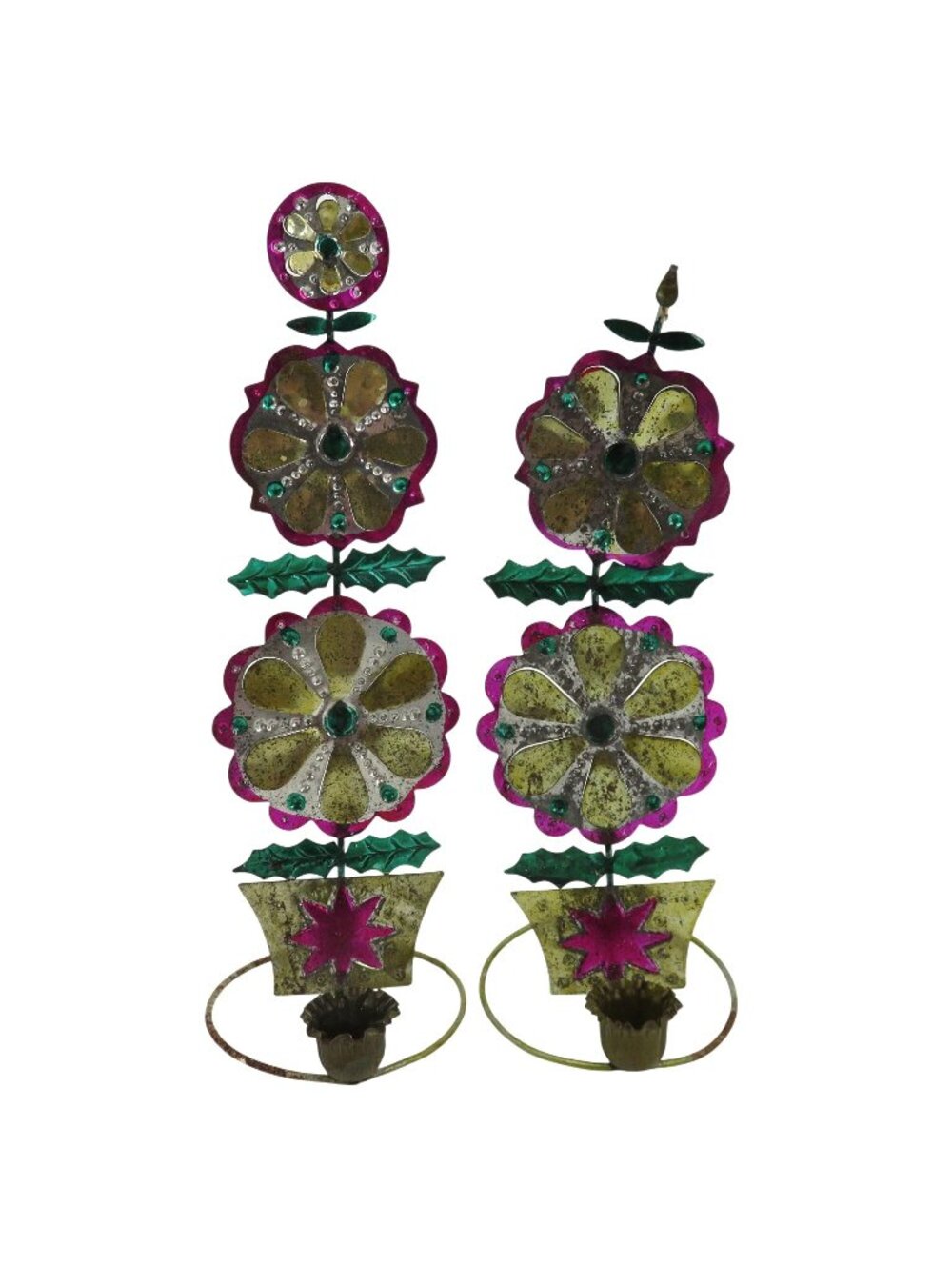 VTG Punch Tin Folk Art Pair 2 Candle Holders Pink Yellow Green Retro Christmas